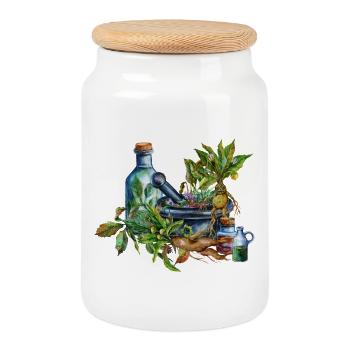 Herb Witch Utensils Fantasy Design - Cookie Jar with Wooden Lid - white - Front
