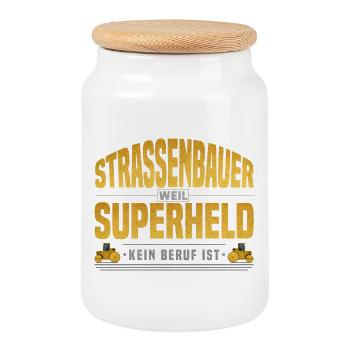 Strassenbauer Superheld - Keksdose mit Holzdeckel - Weiß - Vorne