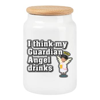 I think my guardian angel drinks - Cookie Jar with Wooden Lid - white - Front