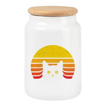 Cat silhouette in the retro sun - Cookie Jar with Wooden Lid - white - Front