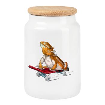 Bearded Dragon On A Skateboard - Cookie Jar with Wooden Lid - white - Front