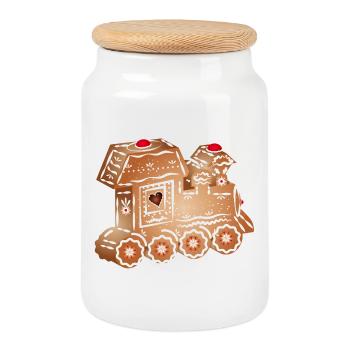 verzierte Lebkuchen Lokomotive für Weihnachten - Keksdose mit Holzdeckel - Weiß - Vorne