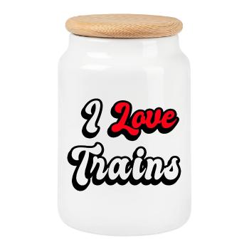 I love trains - Cookie Jar with Wooden Lid - white - Front