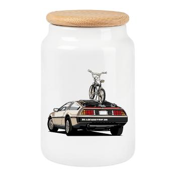 Delorean with old school 80s BMX on the rear - Cookie Jar with Wooden Lid - white - Front