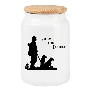 Vendredi pour la chasse - Motif de chasse avec chasseur et chien - Boîte à biscuits avec couvercle en bois - blanc - Devant