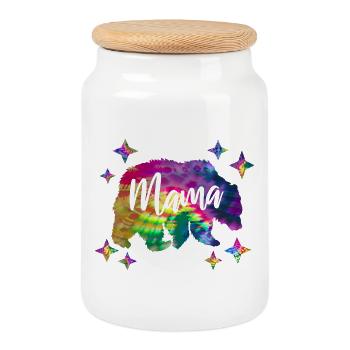 Mama Bear Colorful Tie Dye Batik - Cookie Jar with Wooden Lid - white - Front