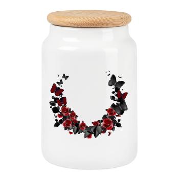 belle couronne de roses et de papillons - Boîte à biscuits avec couvercle en bois - blanc - Devant