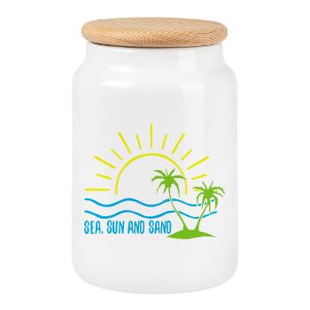 Mer, soleil et sable - Boîte à biscuits avec couvercle en bois - blanc - Devant