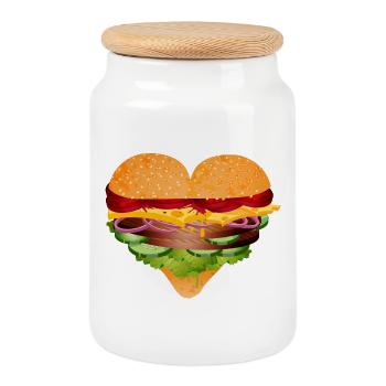 Petit pain à hamburger farci en variation de forme de cœur - Boîte à biscuits avec couvercle en bois - blanc - Devant