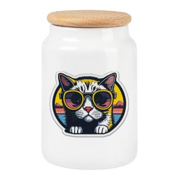 Chat avec lunettes - Boîte à biscuits avec couvercle en bois - blanc - Devant
