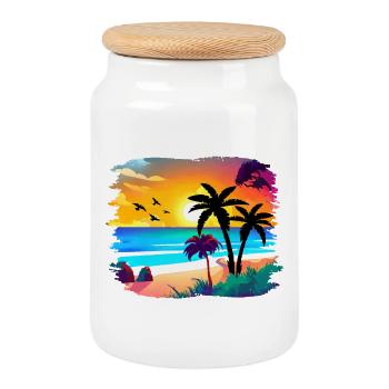 Aquarelle de plage de coucher de soleil d’été - Boîte à biscuits avec couvercle en bois - blanc - Devant