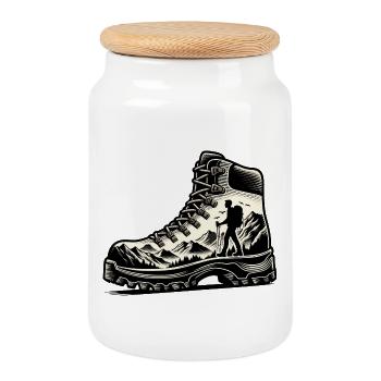 Drawing Hiker Mountain Hiking Shoe - Cookie Jar with Wooden Lid - white - Front