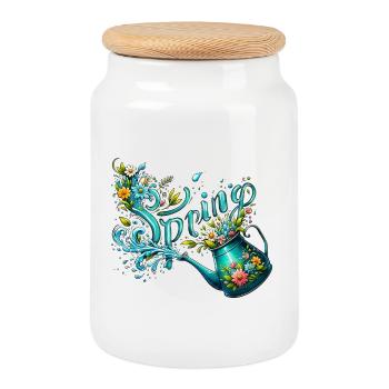 Spring Watering Can Let It Grow Spring Flowers - Cookie Jar with Wooden Lid - white - Front