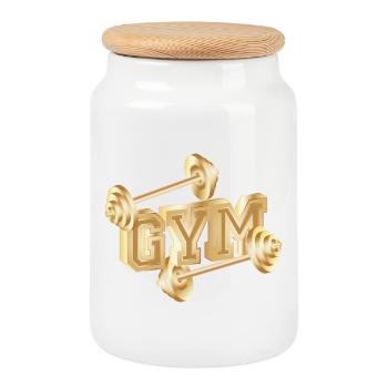 gold-tone dumbbell typography for gym enthusiasts - Cookie Jar with Wooden Lid - white - Front