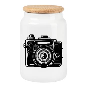 Camera Drawing - Cookie Jar with Wooden Lid - white - Front
