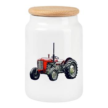 Old M F 35 Tractor - Cookie Jar with Wooden Lid - white - Front