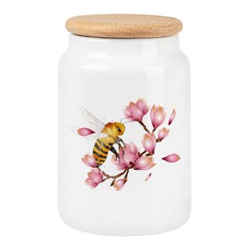 flying bee with magnolias hand drawn - Cookie Jar with Wooden Lid - white - Front