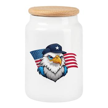 USA Eagle with aviator cap - Cookie Jar with Wooden Lid - white - Front