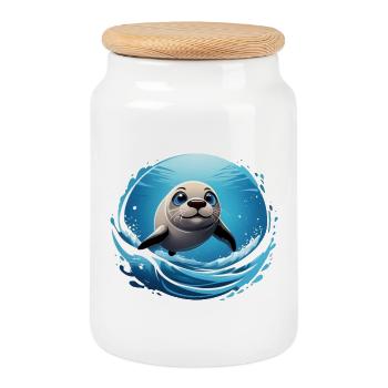 Seal - Cookie Jar with Wooden Lid - white - Front