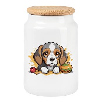 Petit chiot Beagle avec pomme et hamburger - Boîte à biscuits avec couvercle en bois - blanc - Devant