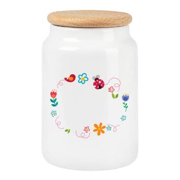Cadre rond avec fleurs, coccinelle et oiseau - Boîte à biscuits avec couvercle en bois - blanc - Devant