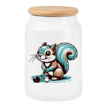Mignon écureuil de dessin animé jouant au golf - Boîte à biscuits avec couvercle en bois - blanc - Devant