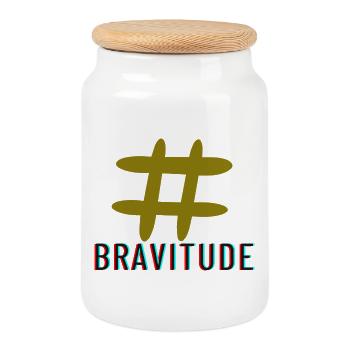 Bravitude hatch tag slogan - Cookie Jar with Wooden Lid - white - Front
