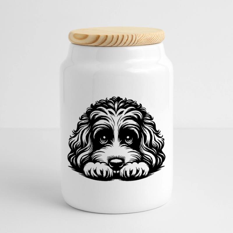 Cavapoo Head with Paws Cookie Jar with Wooden Lid
