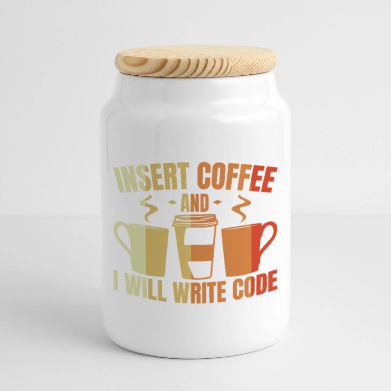 Insert Coffee And I Will Write Code Cookie Jar with Wooden Lid