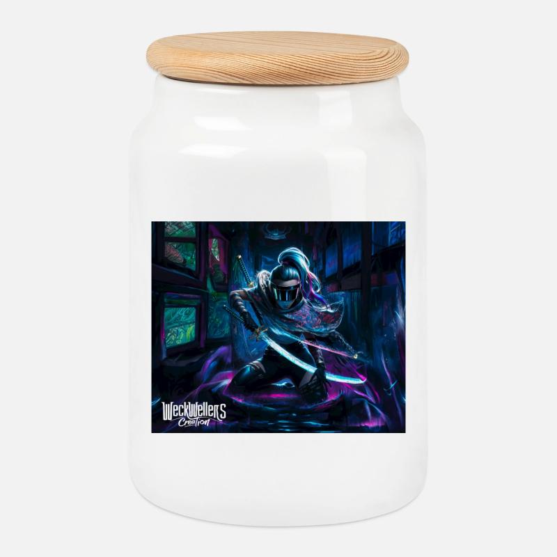 Graffiti Anime Samurai - Cookie Jar with Wooden Lid - white