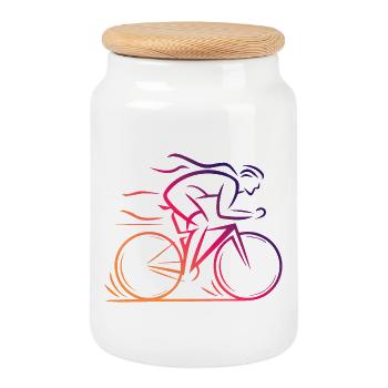 Minimalist Cycling Design - Cookie Jar with Wooden Lid - white - Front