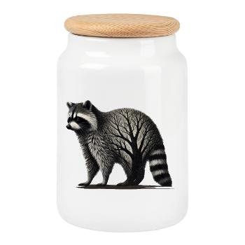 Raccoon and filigree tree mesh in the fur - Cookie Jar with Wooden Lid - white - Front