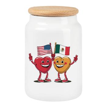 America and Mexico Hearts - Cookie Jar with Wooden Lid - white - Front