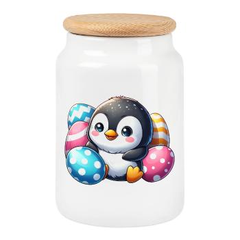 Cute Penguin Easter Cartoon Kids - Cookie Jar with Wooden Lid - white - Front