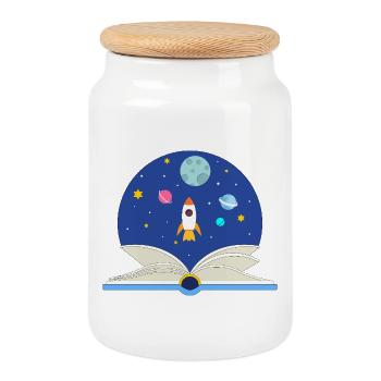 Open Book with Space Scene, Imagination and Advent - Cookie Jar with Wooden Lid - white - Front