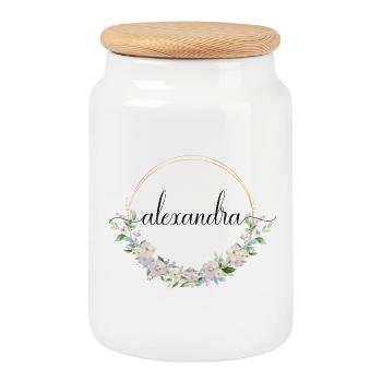 Alexandra! Floraler Kranz, personalisierbar - Keksdose mit Holzdeckel - Weiß - Vorne