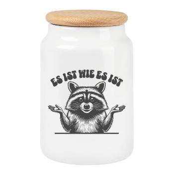 Waschbär - Es ist wie es es ist  - Keksdose mit Holzdeckel - Weiß - Vorne