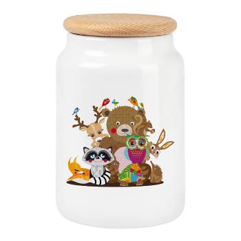 Colourful animal lovers united – Cheerful forest fellows - Cookie Jar with Wooden Lid - white - Front