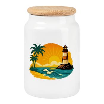 Sonnenuntergang mit Leuchtturm am tropischen Strand - Keksdose mit Holzdeckel - Weiß - Vorne