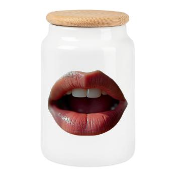 Close Lips: Kiss Motif - Cookie Jar with Wooden Lid - white - Front