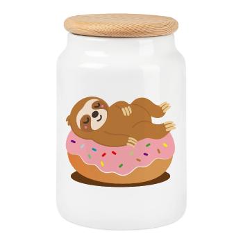 Paresseux sur beignet – Motif animal mignon et décontracté - Boîte à biscuits avec couvercle en bois - blanc - Devant