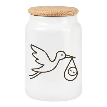 Stork with Baby Child - Minimal Baby Arrival - Cookie Jar with Wooden Lid - white - Front