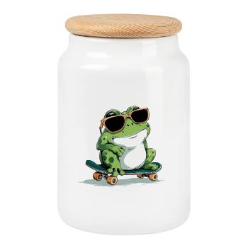 Skater Frog - Cookie Jar with Wooden Lid - white - Front