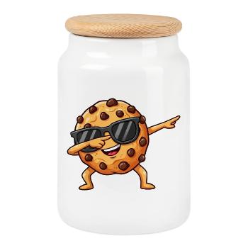 Chocolate Chip Cookie Cartoon Character - Cookie Jar with Wooden Lid - white - Front