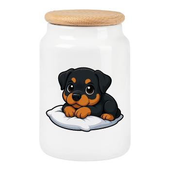 Süßer Rottweiler Cartoon entspannt kuschelig - Keksdose mit Holzdeckel - Weiß - Vorne