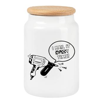 Humorvolles Spielzeug-Design mit Nagel-Werkzeug - Keksdose mit Holzdeckel - Weiß - Vorne