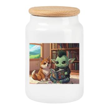 Mélange de lutin et de chien dans la salle des livres - Boîte à biscuits avec couvercle en bois - blanc - Devant
