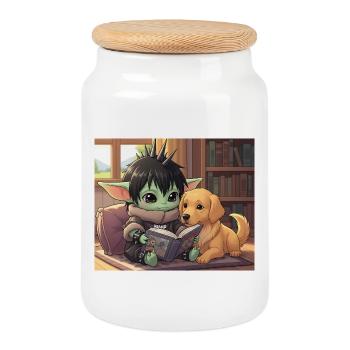 Petit Bouffon avec Chien et Bande Dessinée - Boîte à biscuits avec couvercle en bois - blanc - Devant