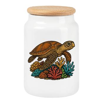 sea turtle - Cookie Jar with Wooden Lid - white - Front