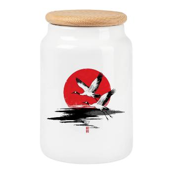 Japanese Cranes Red Sun Illustration - Keksdose mit Holzdeckel - Weiß - Vorne